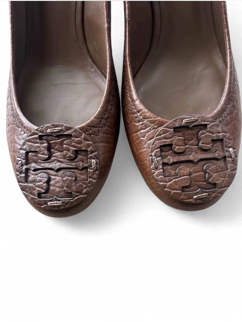 Tory Burch Brown Leather Logo Round-Toe  Wedge